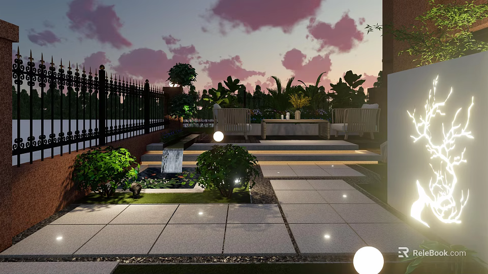 Courtyard Garden Featuring Sunset Sky Black Iron Fence Lush Plants Round Lighting And Illuminated Steps 3d model 
