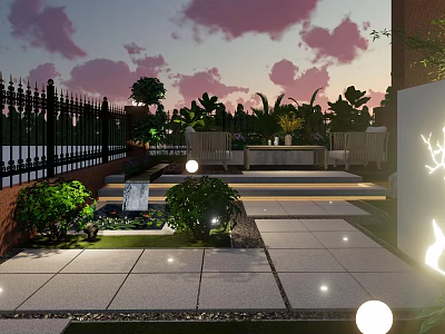 Courtyard Garden Featuring Sunset Sky Black Iron Fence Lush Plants Round Lighting And Illuminated Steps 3d model