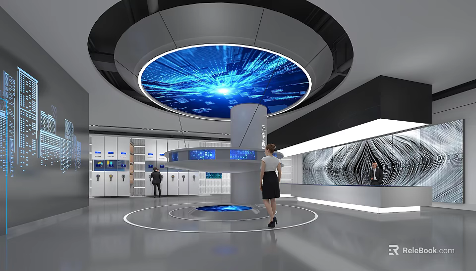 Hi Tech Exhibition Hall With Circular Interactive Screen And Display Stands Featuring Visitors 3d model