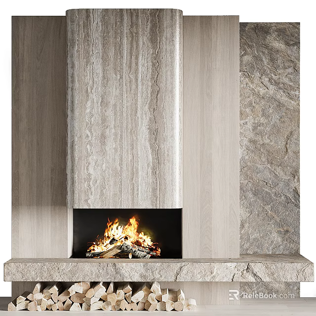 Contemporary Stone Fireplace Design With Burning Fire And Textured Accents 3d model 