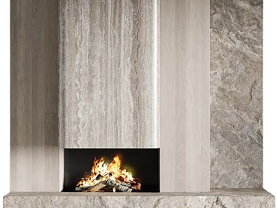 Contemporary Stone Fireplace Design With Burning Fire And Textured Accents 3d model