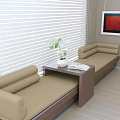 Beige Banquette Sofa With Coffee Table Potted Plant And Abstract Painting In Modern Bright Interior