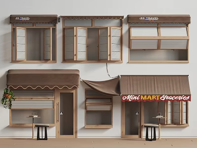 Stylish Brown Awning For Storefront With Wooden Windows Tables And Decorative Plants 3d model
