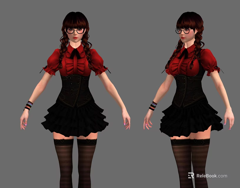 Woman in Red Blouse Black Skirt with Pigtails Glasses and Black Stockings 3d model 
