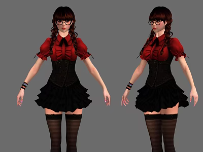 Woman in Red Blouse Black Skirt with Pigtails Glasses and Black Stockings 3d model