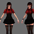 Woman in Red Blouse Black Skirt with Pigtails Glasses and Black Stockings
