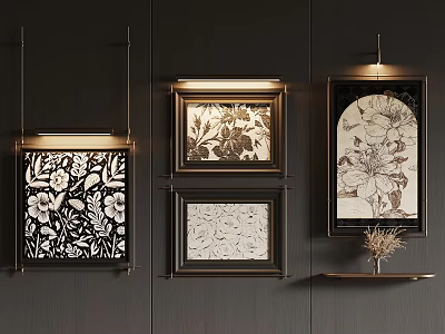 Elegant Floral Decorative Paintings With Golden Frames On Dark Wall And Lighting 3d model