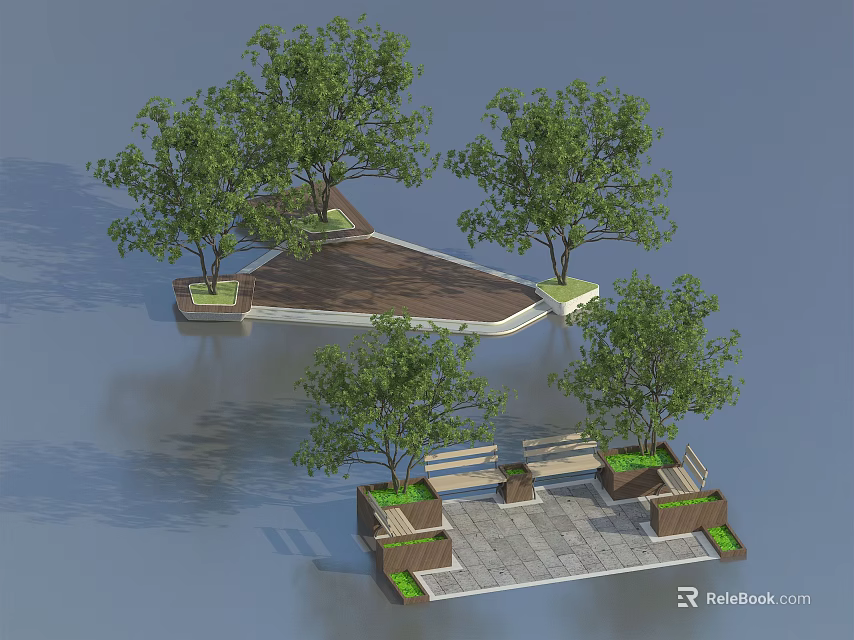 Multiple Tree Planters With Green Trees And Stone Paved Seating In Urban Landscape 3d model