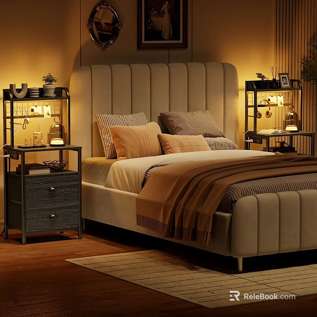 Bedroom Shelving Unit Beside Bed With Warm Lighting And Decorative Items 3d model 