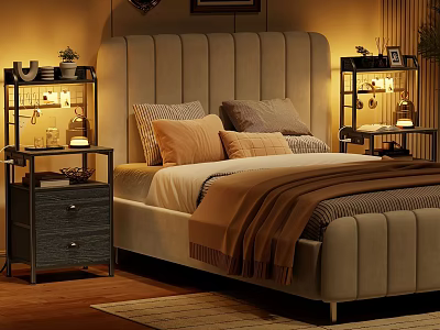 Bedroom Shelving Unit Beside Bed With Warm Lighting And Decorative Items 3d model