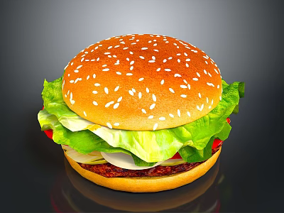 Delicious Hamburger With Sesame Seed Bun Fresh Lettuce Onion Slices And Juicy Beef Patty 3d model
