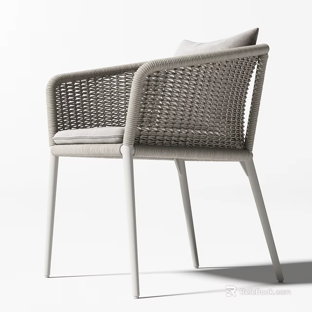 Modern Wicker Dining Chair With Armrests Light Gray Cushion And White Legs 3d model 