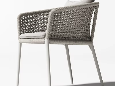Modern Wicker Dining Chair With Armrests Light Gray Cushion And White Legs 3d model