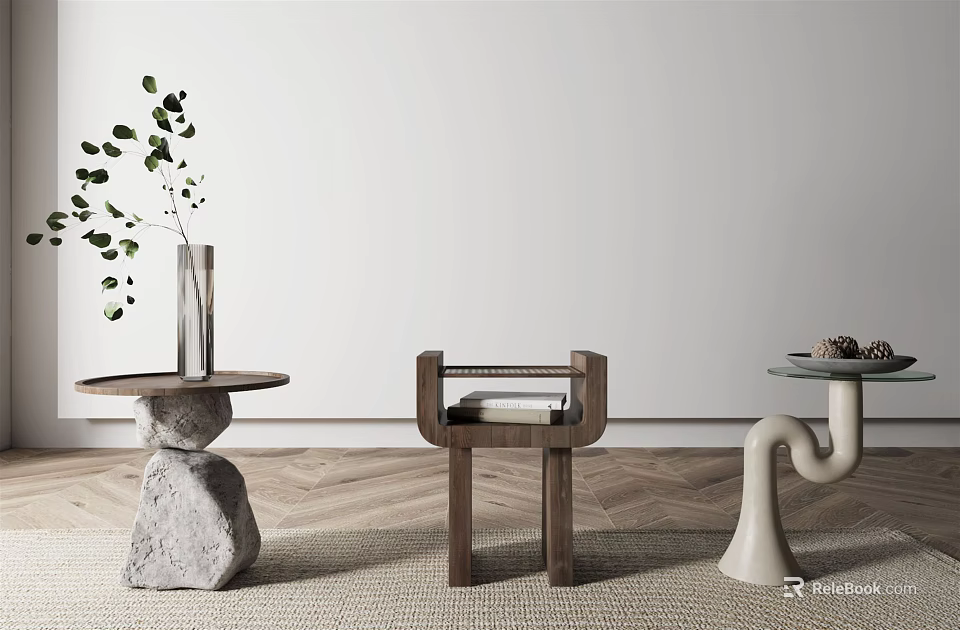 Modern Unique Side Tables With Stone Wooden White Bases And Decorative Designs 3d model 