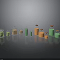 Assorted Glass Bottles With Green And Orange Liquid And Stoppers In Various Sizes