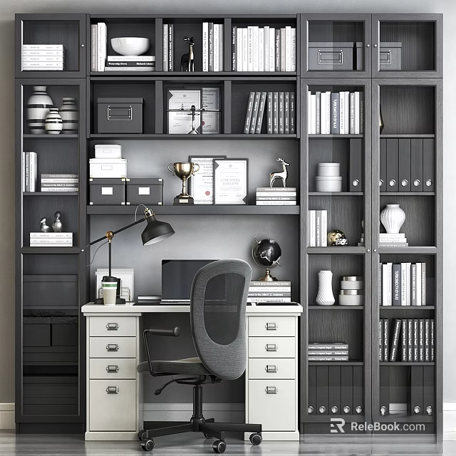 Modern Home Office Desk And Chair Set With Bookshelves Table Lamp And Decorations 3d model 