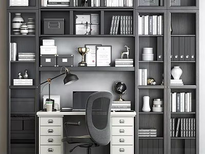 Modern Home Office Desk And Chair Set With Bookshelves Table Lamp And Decorations 3d model