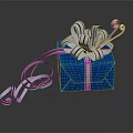 Decorative Blue Gift Box With White Ribbon Bow And Scattered Ribbons On Dark Reflective Surface