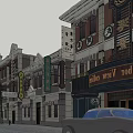 Retro Commercial Street Featuring Vintage Architecture Shop Signs and Old Cars on Cobblestone Road