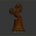 Wooden Lion Head Carving Display With Front Paws Holding Ball And Brick Base Stand