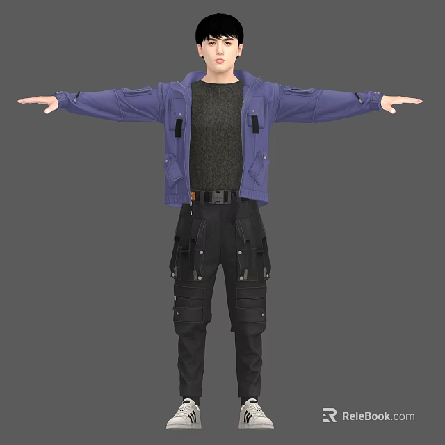 Man in Purple Jacket and Black Cargo Pants with Arms Outstretched 3d model