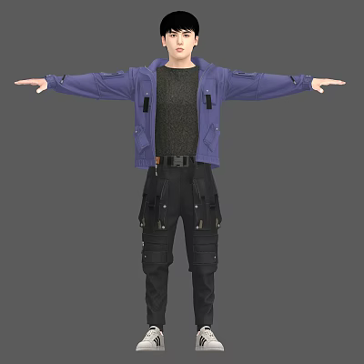 Man in Purple Jacket and Black Cargo Pants with Arms Outstretched 3d model
