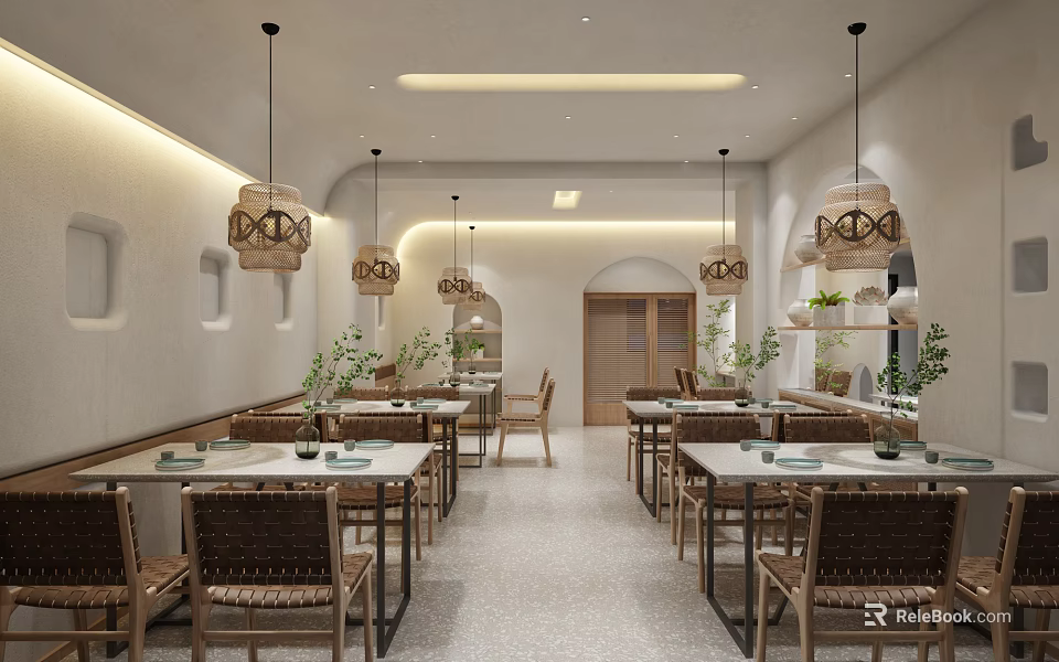 Modern Mall Restaurant Interior With Wooden Tables Rattan Chairs Pendant Lights And Green Plants 3d model 