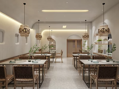 Modern Mall Restaurant Interior With Wooden Tables Rattan Chairs Pendant Lights And Green Plants 3d model