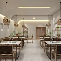 Modern Mall Restaurant Interior With Wooden Tables Rattan Chairs Pendant Lights And Green Plants