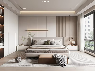 Modern Bedroom Interior With Neutral Tones Recessed Lighting Floor to Ceiling Window And Area Rug 3d model