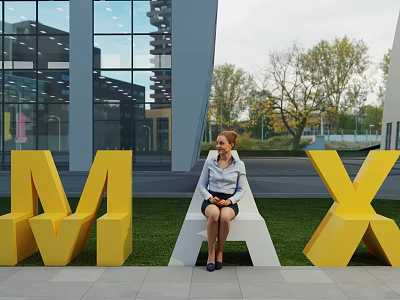 Giant Yellow M X Art Installation With White Bench Seated Woman Modern Building Outdoor Trees 3d model