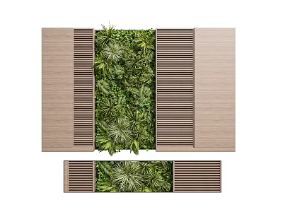 Green Plant Wall With Wooden Vertical Slat Panels On Both Sides 3d model