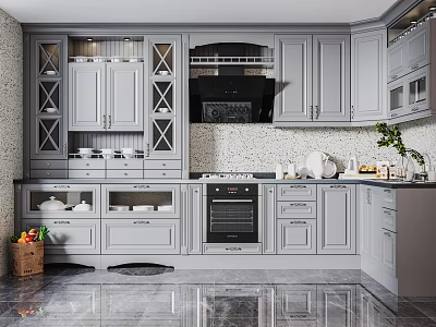 Gray Kitchen Design With Cabinets Tile Backsplash Oven Fresh Fruits And Green Plant 3d model