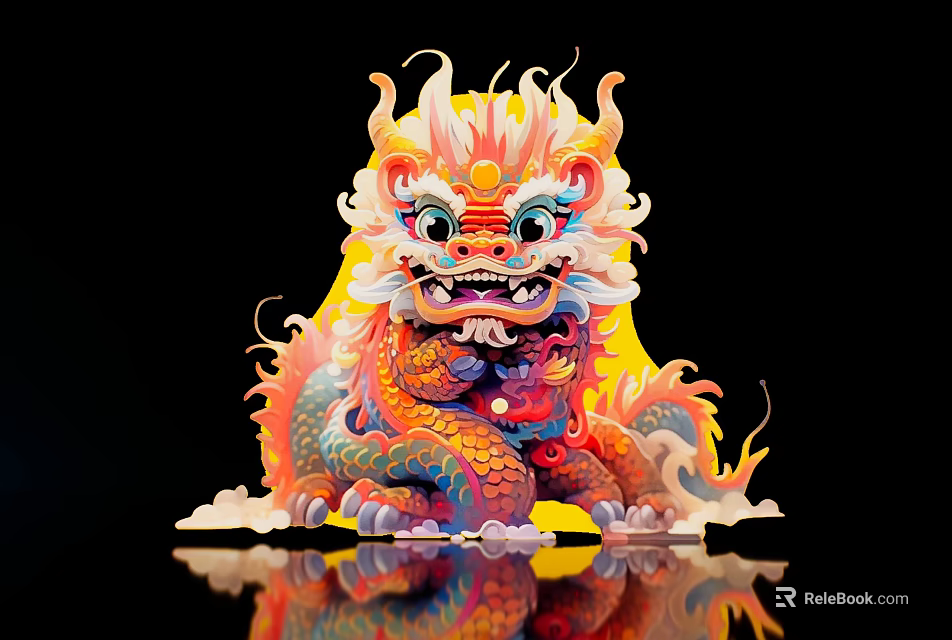 Colorful Dragon Landscape Sculpture With Vibrant Flames Cloud Base And Shiny Reflection 3d model 