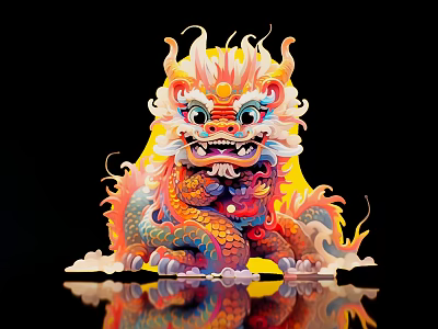 Colorful Dragon Landscape Sculpture With Vibrant Flames Cloud Base And Shiny Reflection 3d model