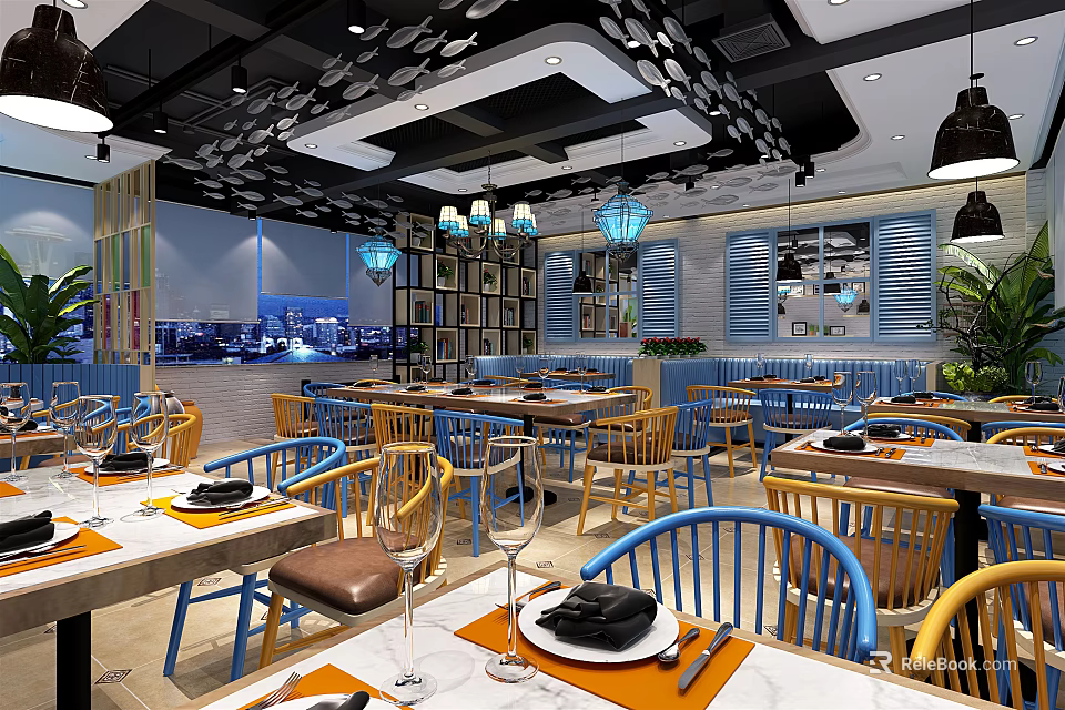 Modern Restaurant Interior Design With Colorful Chairs Wooden Tables Pendant Lights And Decorative Shelves 3d model 