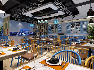 Modern Restaurant Interior Design With Colorful Chairs Wooden Tables Pendant Lights And Decorative Shelves 3d model