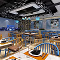Modern Restaurant Interior Design With Colorful Chairs Wooden Tables Pendant Lights And Decorative Shelves