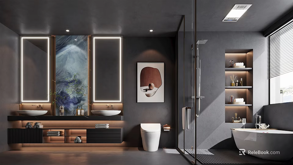 Modern Bathroom Interior With Double Vanity Backlit Mirrors Decorative Artwork Glass Shower And Freestanding Bathtub 3d model 