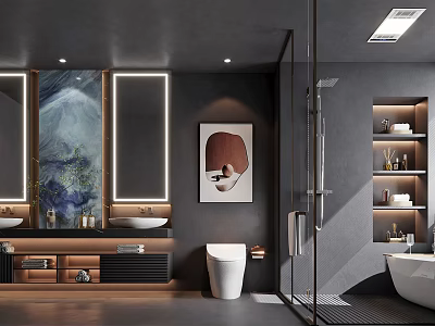 Modern Bathroom Interior With Double Vanity Backlit Mirrors Decorative Artwork Glass Shower And Freestanding Bathtub 3d model
