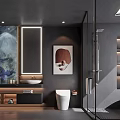 Modern Bathroom Interior With Double Vanity Backlit Mirrors Decorative Artwork Glass Shower And Freestanding Bathtub