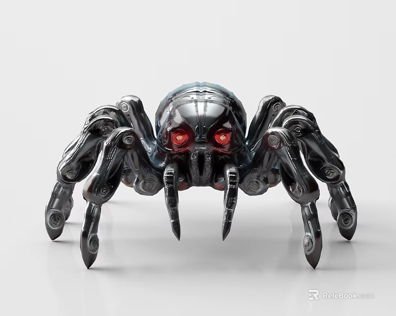 Mechanical Spider With Metallic Body Red Glowing Eyes And Robotic Legs 3d model 