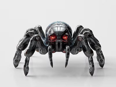 Mechanical Spider With Metallic Body Red Glowing Eyes And Robotic Legs 3d model