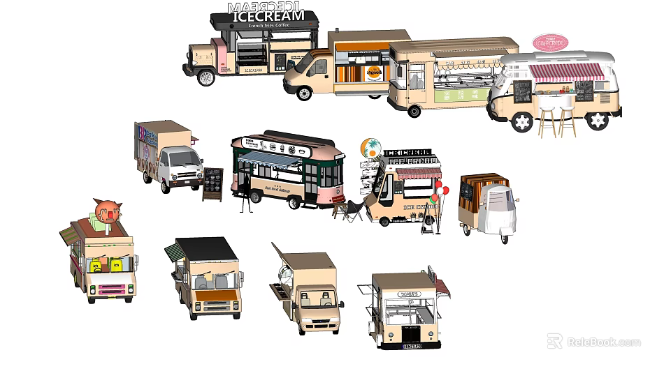 Different Styles of Mobile Food Trucks Including Ice Cream and Street Food Vendors 3d model 