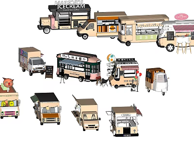 Different Styles of Mobile Food Trucks Including Ice Cream and Street Food Vendors 3d model