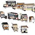 Different Styles of Mobile Food Trucks Including Ice Cream and Street Food Vendors