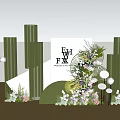 Wedding Decor Setup With Green Pillars White Backdrop Flower Decorations And Circular Ornaments 3d model