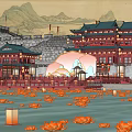 Ancient Chinese Architecture With Traditional Lanterns Red Decorations And Mountain Landscape