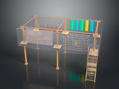 Kids Play Structure With Metal Frame Spider Web Netting Platforms Ladder And Colorful Cylinders 3d model
