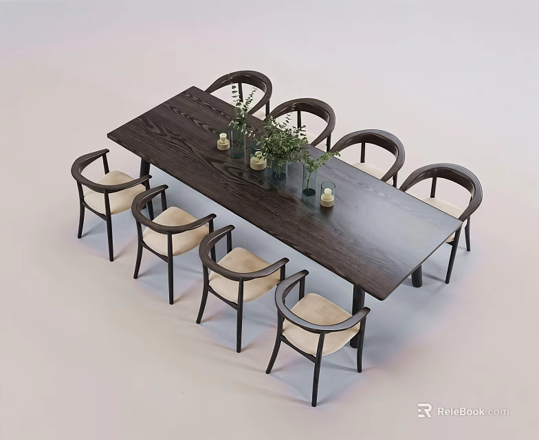 Dark Long Wooden Dining Table Set With Six Chairs Light Seats Green Plants And Candles 3d model 